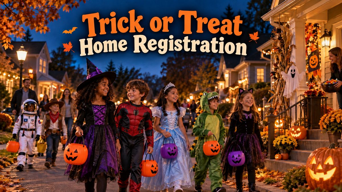 Trick-or-Treat Map 2026 in Arabella on the Prairie: costumed children walking a decorated neighborhood street at dusk with candy buckets